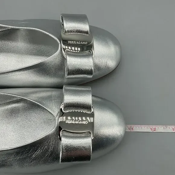 NEW Ferragamo Women’s Vanna Bow Detailed Leather Ballet Flats Silver Size 10 - Picture 7 of 10